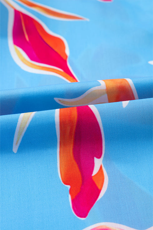 Sky Blue Floral Print V Neck Pompom Trim Flutter Sleeve Blouse