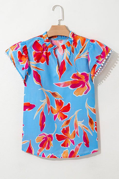 Sky Blue Floral Print V Neck Pompom Trim Flutter Sleeve Blouse