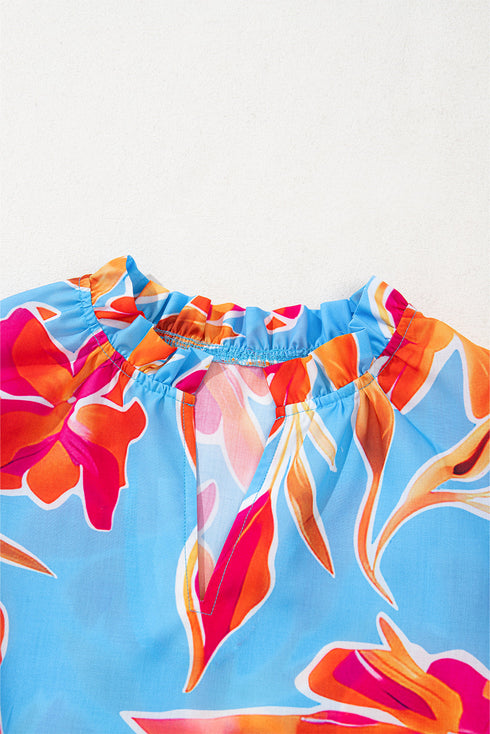 Sky Blue Floral Print V Neck Pompom Trim Flutter Sleeve Blouse