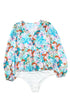 Sky Blue Floral Print Wrap Long Sleeve Bodysuit