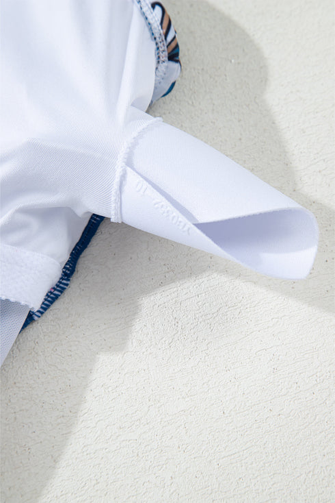 Sky Blue Floral Printed Ruffle Removable Strap One Piece Swimsuit