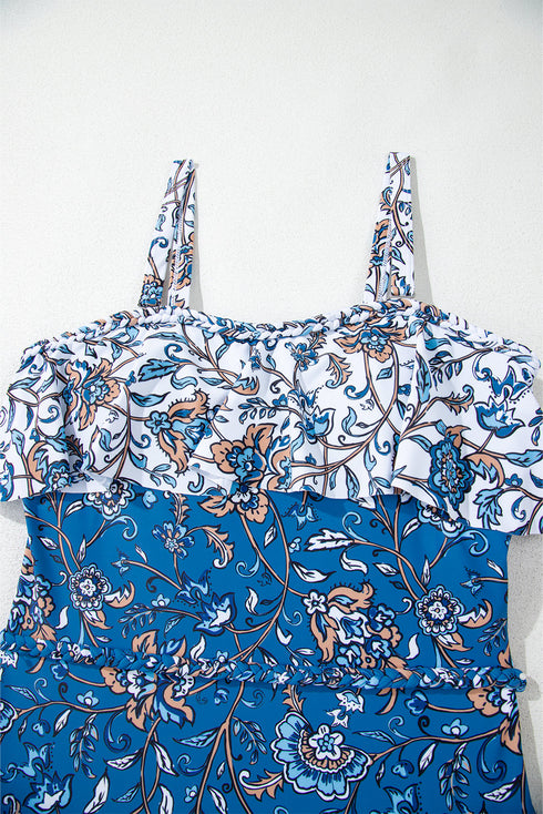 Sky Blue Floral Printed Ruffle Removable Strap One Piece Swimsuit