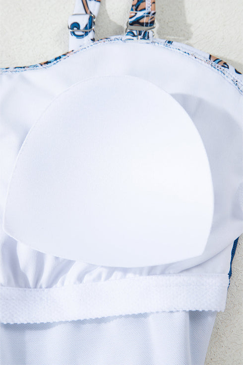 Sky Blue Floral Printed Ruffle Removable Strap One Piece Swimsuit