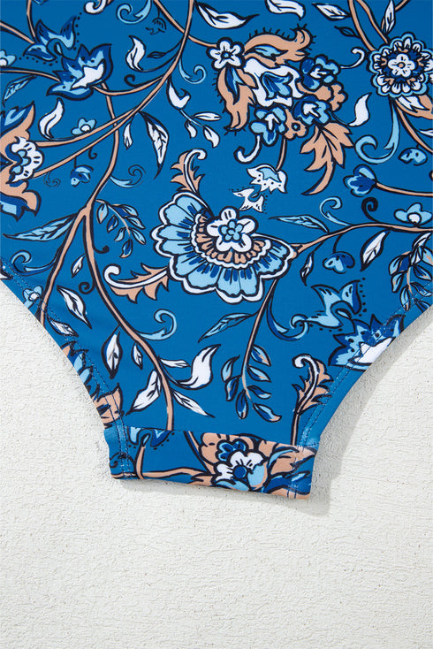 Sky Blue Floral Printed Ruffle Removable Strap One Piece Swimsuit