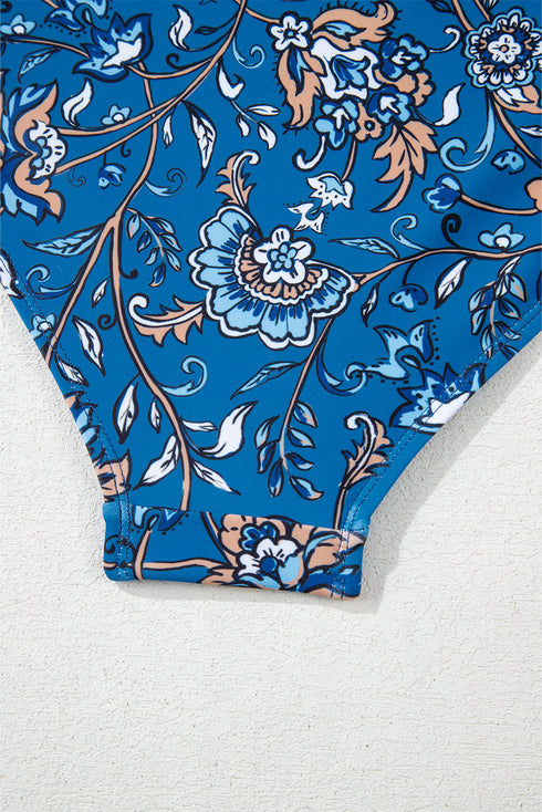 Sky Blue Floral Printed Ruffle Removable Strap One Piece Swimsuit