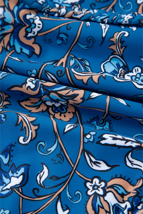 Sky Blue Floral Printed Ruffle Removable Strap One Piece Swimsuit