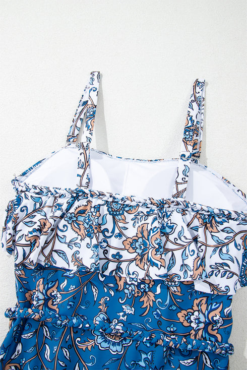 Sky Blue Floral Printed Ruffle Removable Strap One Piece Swimsuit