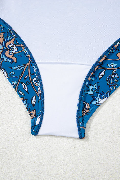 Sky Blue Floral Printed Ruffle Removable Strap One Piece Swimsuit