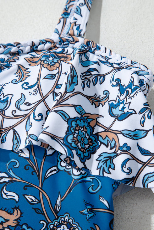 Sky Blue Floral Printed Ruffle Removable Strap One Piece Swimsuit