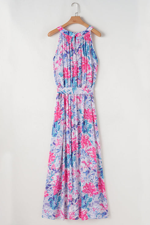 Sky Blue Floral Printed Sleeveless O Neck Knot Waist Maxi Dress