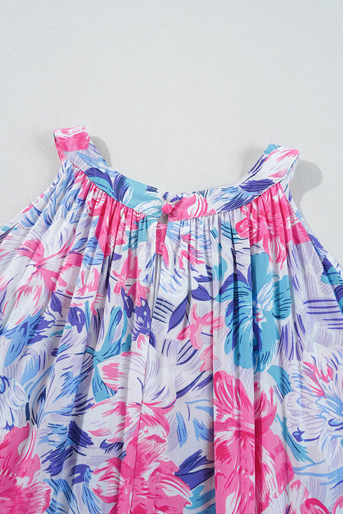 Sky Blue Floral Printed Sleeveless O Neck Knot Waist Maxi Dress