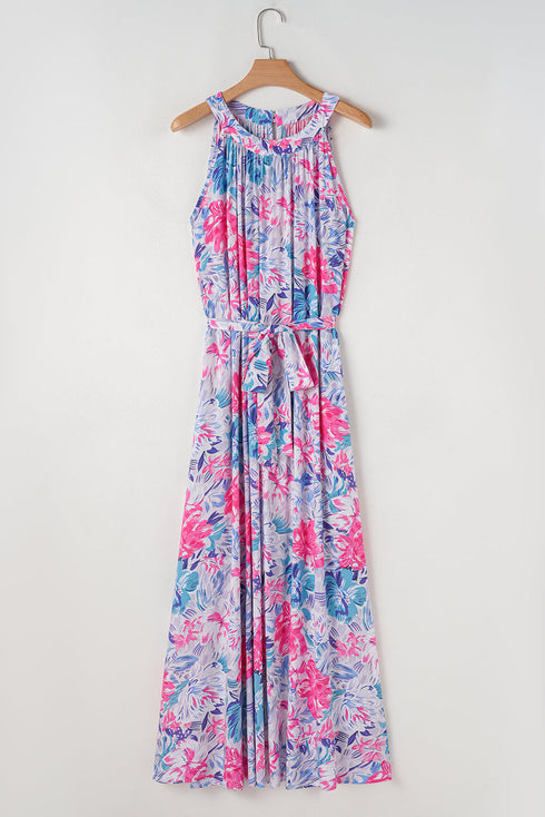 Sky Blue Floral Printed Sleeveless O Neck Knot Waist Maxi Dress
