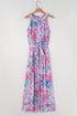 Sky Blue Floral Printed Sleeveless O Neck Knot Waist Maxi Dress
