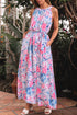 Sky Blue Floral Printed Sleeveless O Neck Knot Waist Maxi Dress