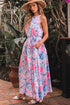Sky Blue Floral Printed Sleeveless O Neck Knot Waist Maxi Dress