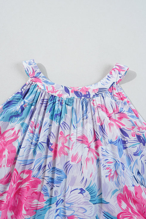 Sky Blue Floral Printed Sleeveless O Neck Knot Waist Maxi Dress