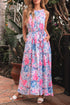 Sky Blue Floral Printed Sleeveless O Neck Knot Waist Maxi Dress