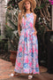 Sky Blue Floral Printed Sleeveless O Neck Knot Waist Maxi Dress