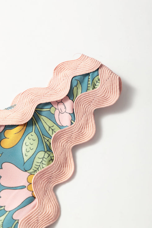 Sky Blue Floral Ricrac Trim V Neck Shift Mini Tank Dress