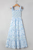 Sky Blue Floral Smocked Tied Straps A-Lined Tiered Maxi Dress