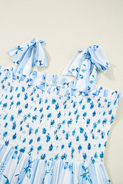 Sky Blue Floral Smocked Tied Straps A-Lined Tiered Maxi Dress