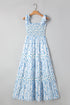 Sky Blue Floral Smocked Tied Straps A-Lined Tiered Maxi Dress