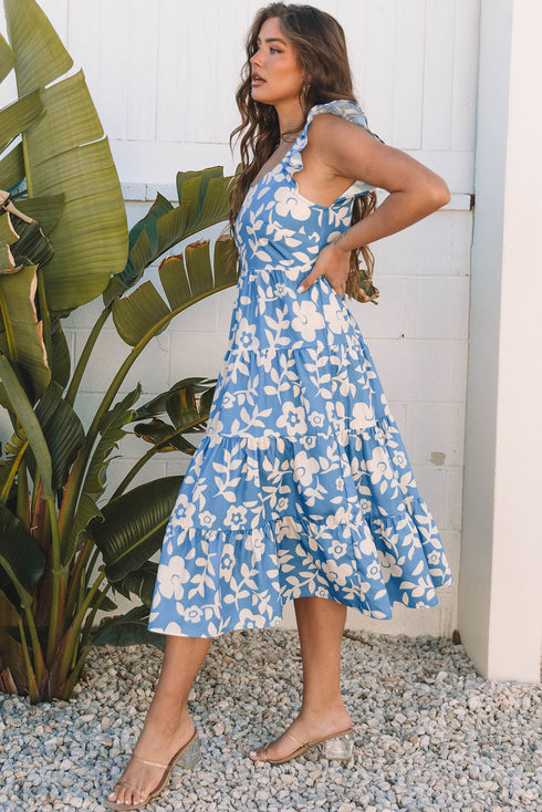 Sky Blue Floral U Neck Flutter Shoulder Tiered Flowy Midi Dress