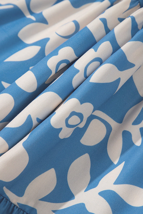 Sky Blue Floral U Neck Flutter Shoulder Tiered Flowy Midi Dress