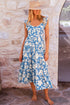 Sky Blue Floral U Neck Flutter Shoulder Tiered Flowy Midi Dress