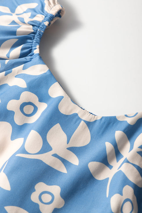 Sky Blue Floral U Neck Flutter Shoulder Tiered Flowy Midi Dress