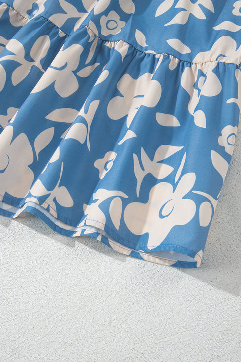 Sky Blue Floral U Neck Flutter Shoulder Tiered Flowy Midi Dress