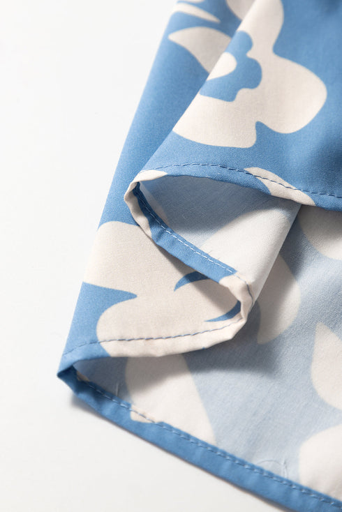 Sky Blue Floral U Neck Flutter Shoulder Tiered Flowy Midi Dress