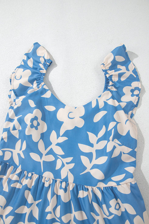 Sky Blue Floral U Neck Flutter Shoulder Tiered Flowy Midi Dress