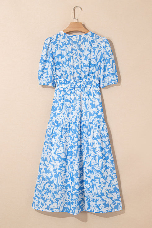 Sky Blue Floral V Neck Puff Short Sleeve Flowy Long Dress