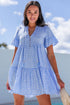 Sky Blue Gingham Short Sleeve Button Tie Split Neck Loose Mini Dress