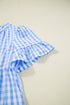 Sky Blue Gingham Short Sleeve Button Tie Split Neck Loose Mini Dress