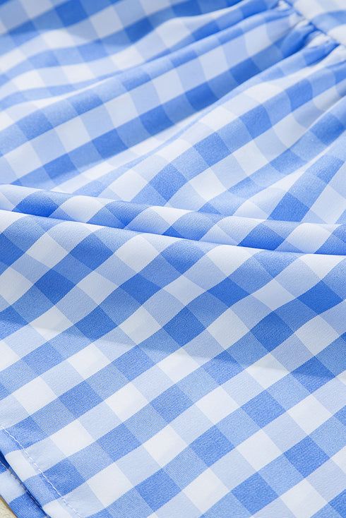 Sky Blue Gingham Short Sleeve Button Tie Split Neck Loose Mini Dress