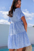 Sky Blue Gingham Short Sleeve Button Tie Split Neck Loose Mini Dress
