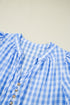 Sky Blue Gingham Short Sleeve Button Tie Split Neck Loose Mini Dress