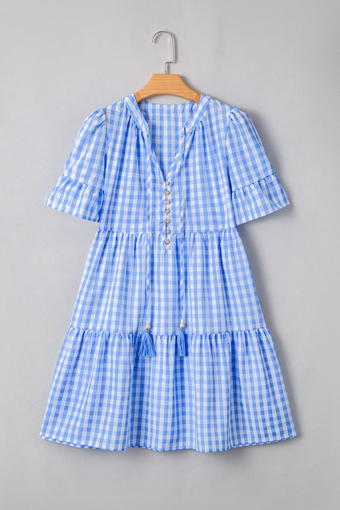 Sky Blue Gingham Short Sleeve Button Tie Split Neck Loose Mini Dress