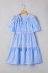 Sky Blue Gingham Short Sleeve Button Tie Split Neck Loose Mini Dress