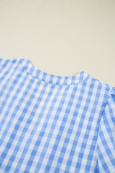 Sky Blue Gingham Short Sleeve Button Tie Split Neck Loose Mini Dress