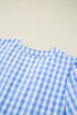 Sky Blue Gingham Short Sleeve Button Tie Split Neck Loose Mini Dress