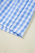 Sky Blue Gingham Short Sleeve Button Tie Split Neck Loose Mini Dress