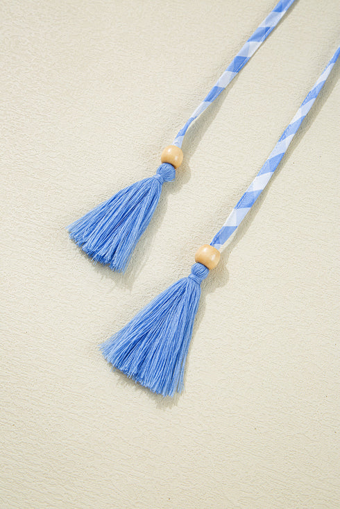 Sky Blue Gingham Short Sleeve Button Tie Split Neck Loose Mini Dress