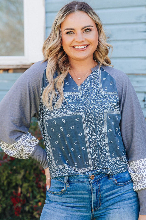 Sky Blue Leopard Paisley Patchwork Split Neck Plus Size Top