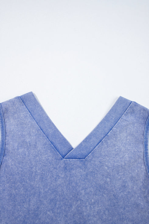 Sky Blue Mineral Wash Pocketed Sleeveless V Neck Loose Romper