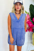 Sky Blue Mineral Wash Pocketed Sleeveless V Neck Loose Romper