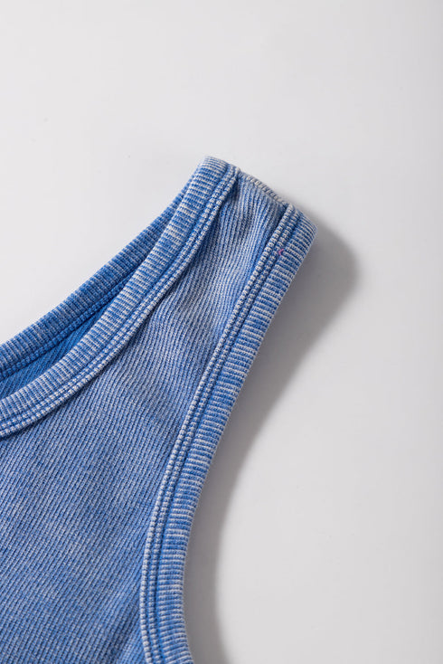 Sky Blue Mineral Wash Ribbed Notch Neck Tank Top