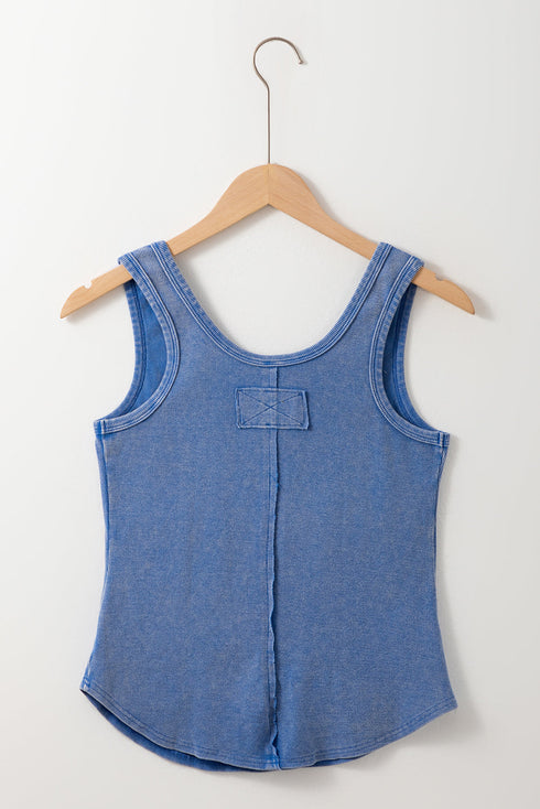 Sky Blue Mineral Wash Ribbed Notch Neck Tank Top